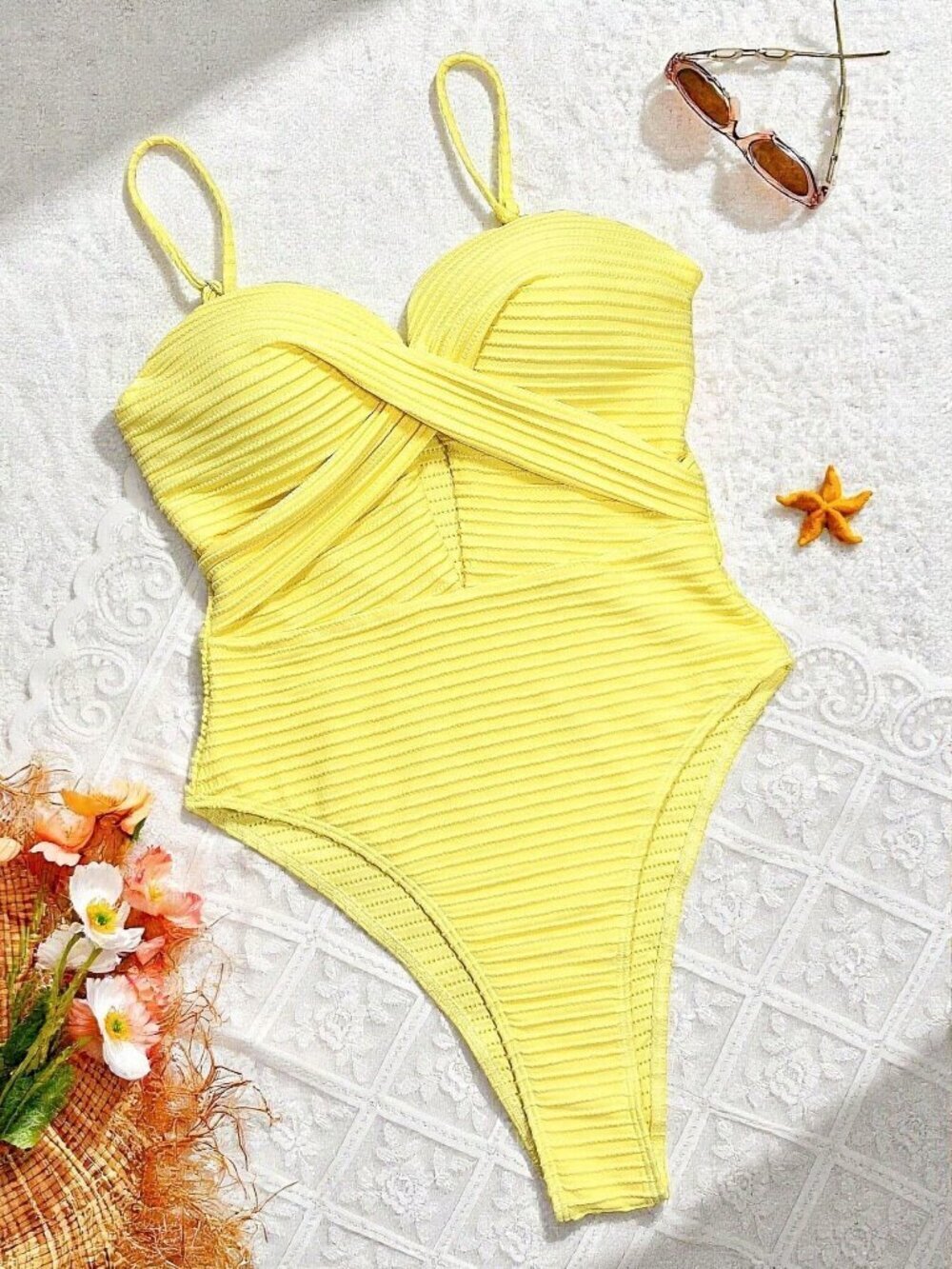 Yellow Casual Women's Criss-Cross Design Push Up One-Piece Suit - Picture 4 of 5